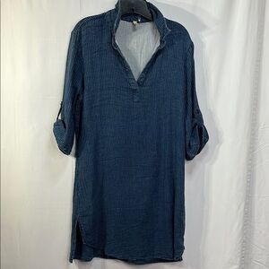 🪿Elan Navy and white pinstriped roll tab Long Sleeve Dress